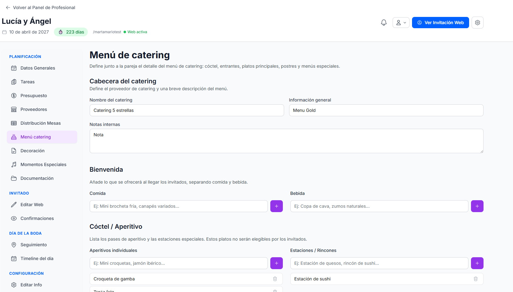 RSVP, catering y PDF