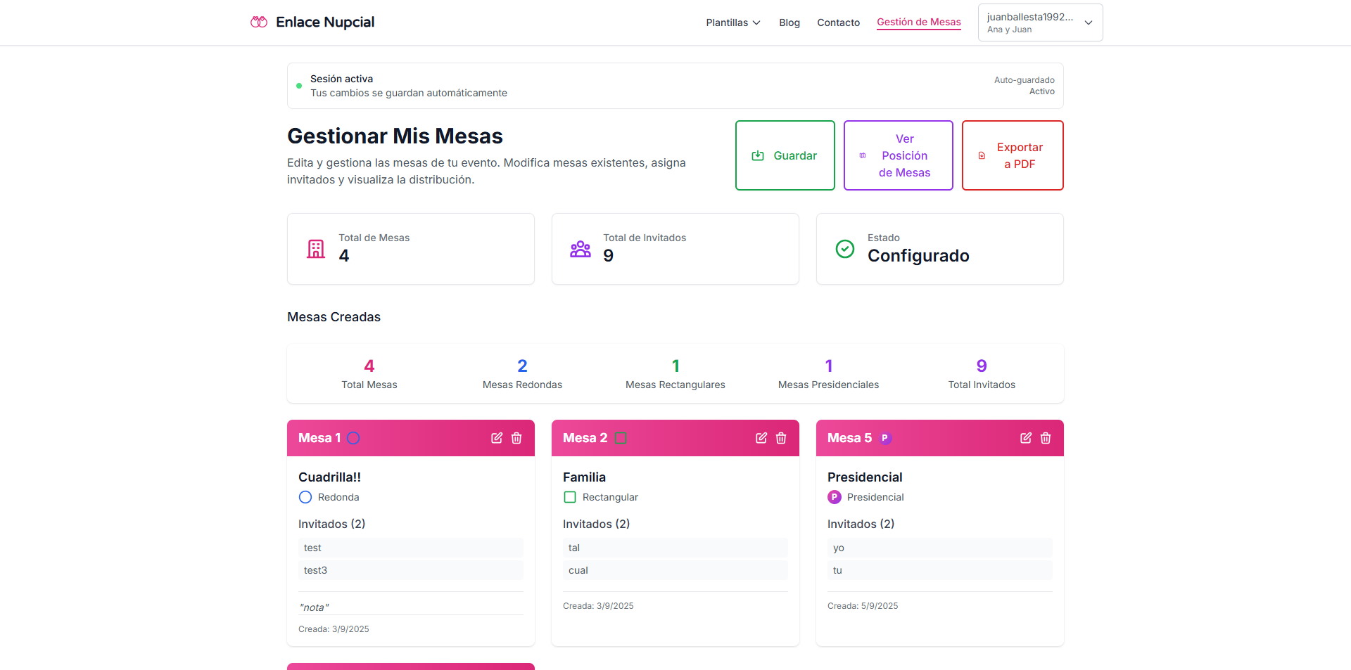 Interfaz de la herramienta de gestión de mesas de Enlace Nupcial