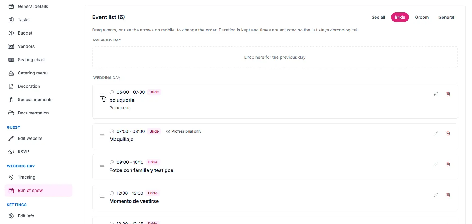 Wedding day timeline and run of show inside The Bridal Link planner dashboard