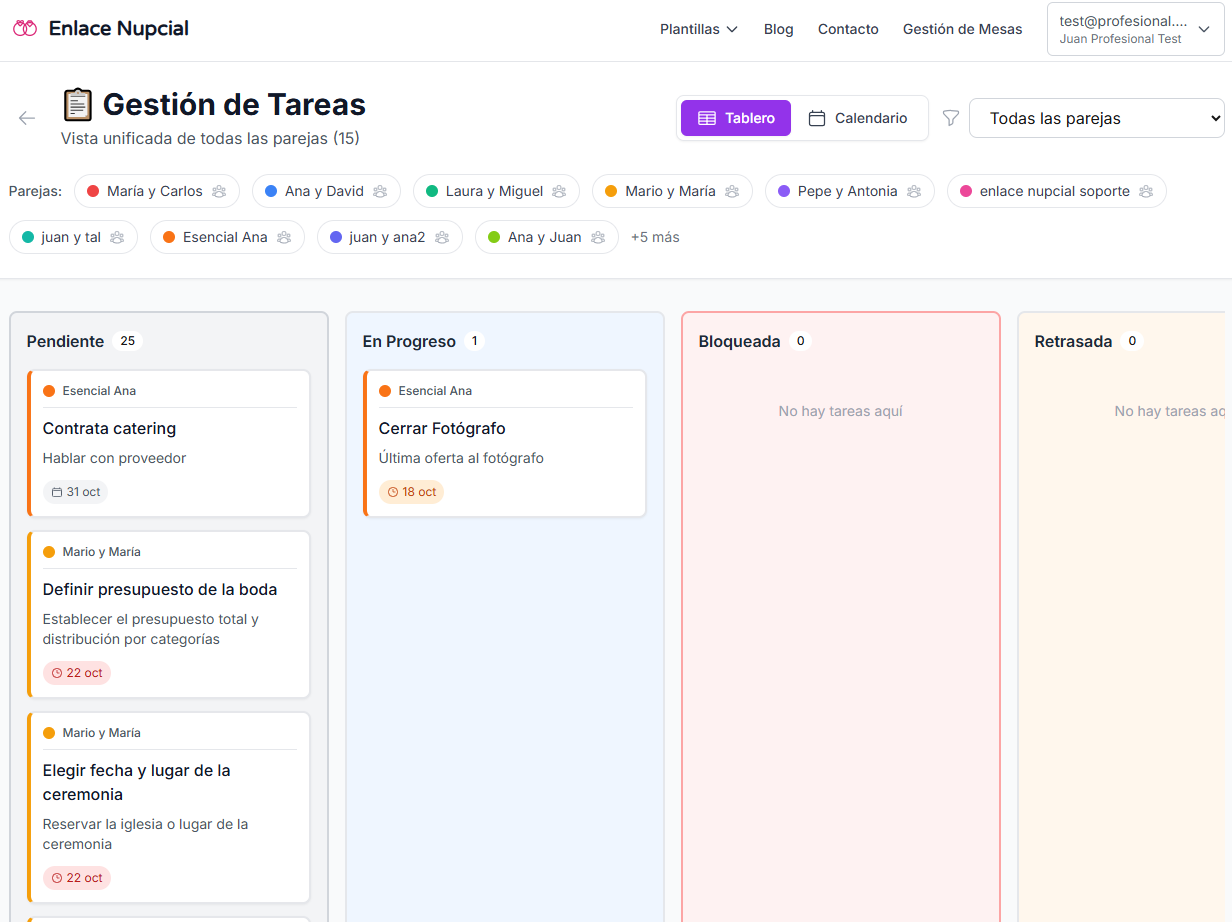 Planificador de tareas profesional para wedding planners - Gestión de tareas de bodas